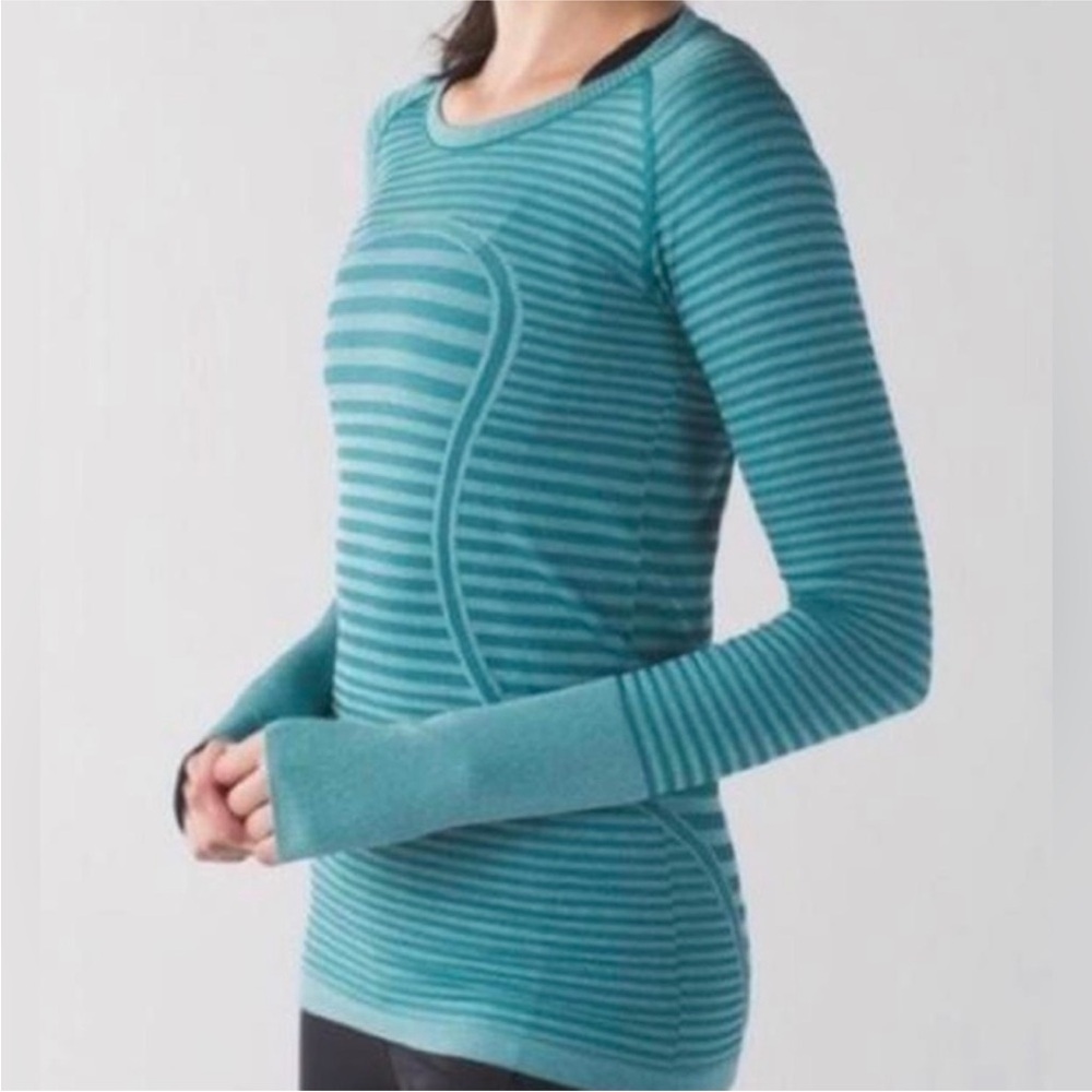 Teal Striped Lululemon Swiftly Tech Long Sleeve
Size 6